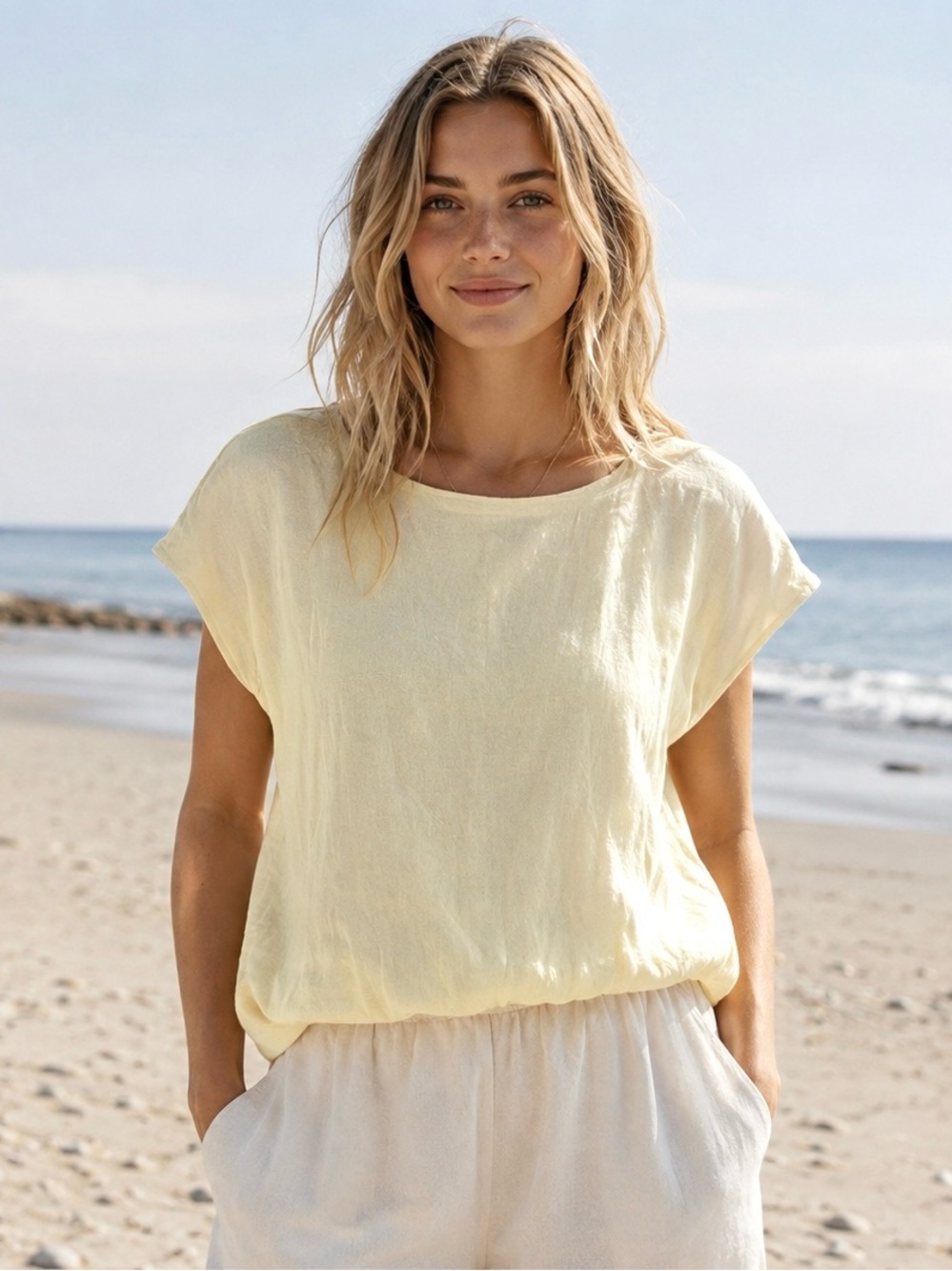 Dylan Clothing Sundance Catalog Butter Yellow Bubble Hem Cotton Top XS